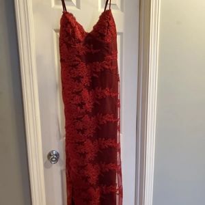 Banjul sz S, cranberry red maxi dress/gown w/ detailed embroidery. EUC